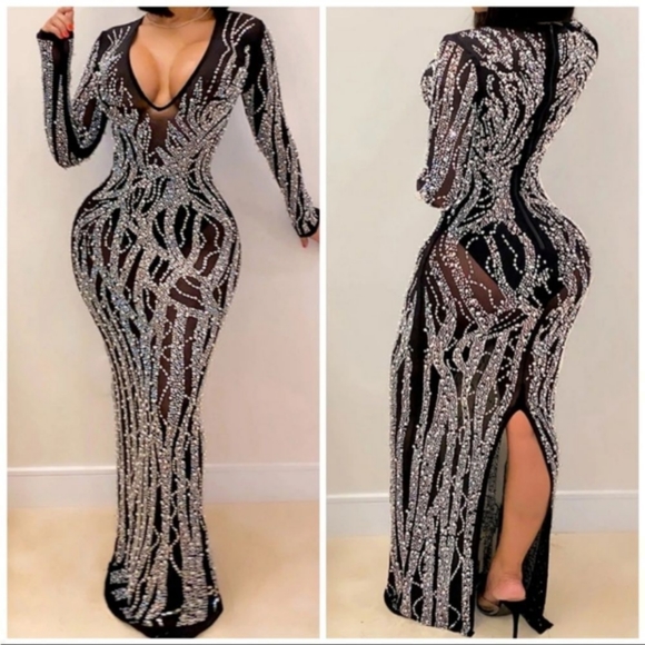 Dresses & Skirts - WOMEN'S formal dresses nightclub mesh drilling V neck long sleeve dress